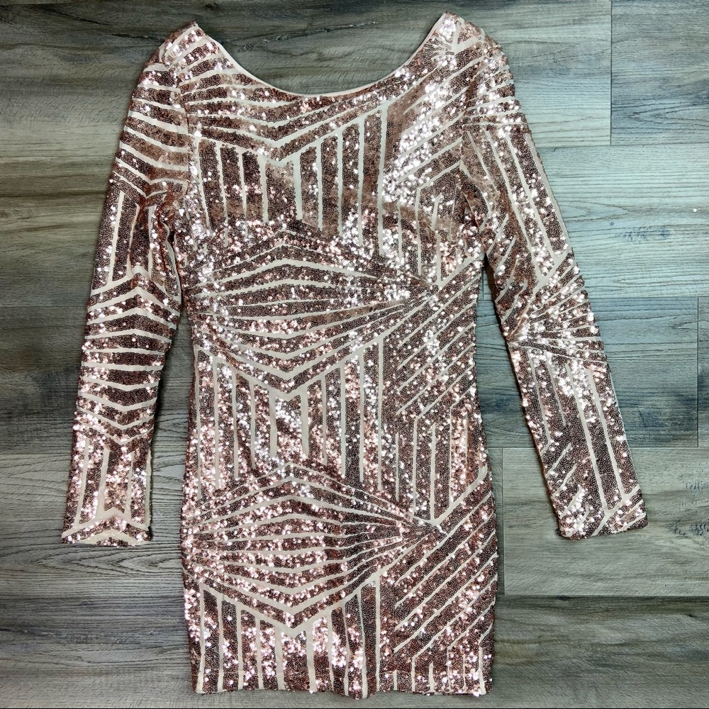 Charlotte Russe Rose Gold Chevron Sequin Mini Dress party cocktail holiday S
